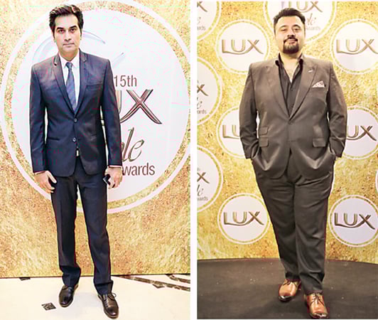 Dapper affair: Actors Humayun Saeed and Ahmed Ali Butt, stars of last year’s hit flick Jawani Phir Nahi Ani and Best Actor (Film) nominees, strike a pose. JPNA has picked up a total of 9 LSA nominations this year including one for Best Film.