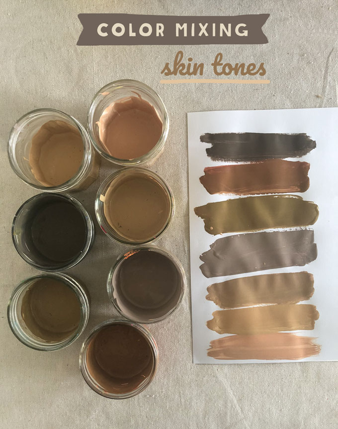 Jars of tempera paint on a table in hand-mixed shades of brown.