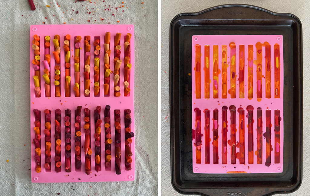 Broken pieces of old crayons in a silicone mold, and then showing them after they have been melted in the oven.