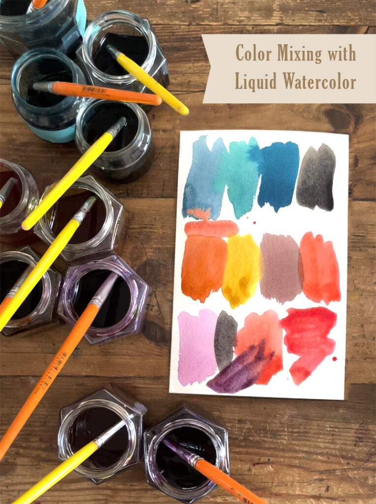 Jars of liquid watercolor on a table mixed in secondary and tertiary hues.