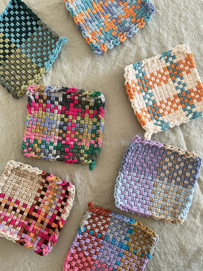 A collection of potholders made with Lotta Loops gorgeous colored cotton loops.