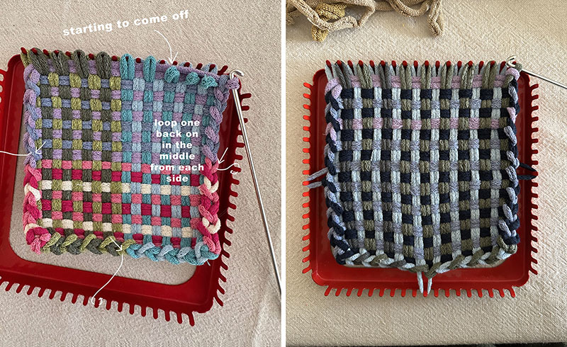 As you finish one side of your potholder edge, it helps to loop one of the finished stitches from the middle back onto the loom temporarily to keep the tension so it doesn't fall off the loom.