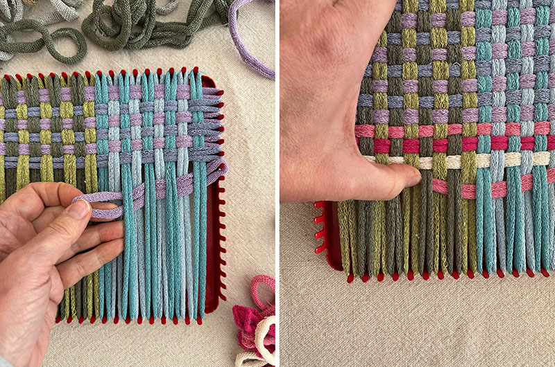 When weaving a potholder, it’s easier going through the middle where it’s looser and then pushing the loops up with your fingers after you hook it on the other side.