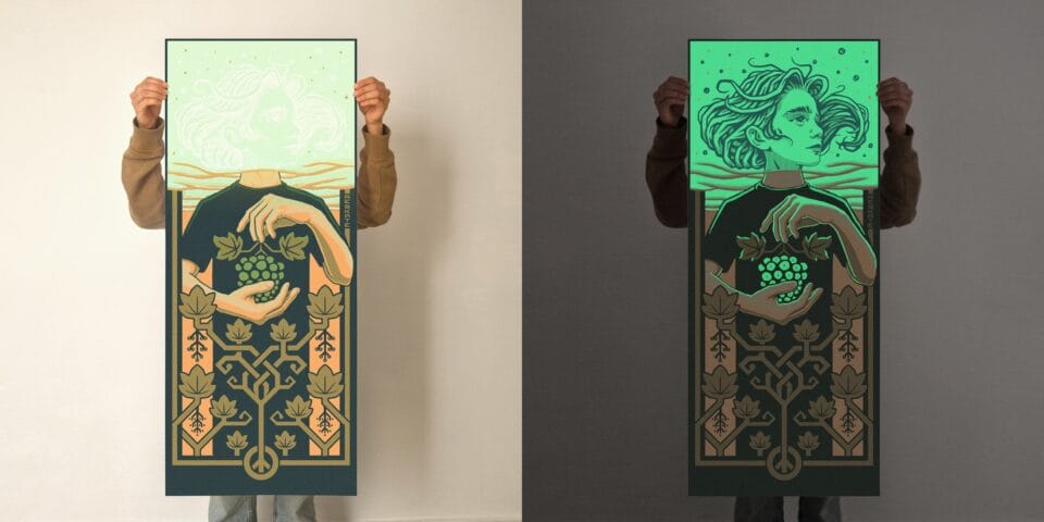 a day and night side-by-side comparison of a glow-in-the-dark print depicting a young figure holding a bunch of grapes