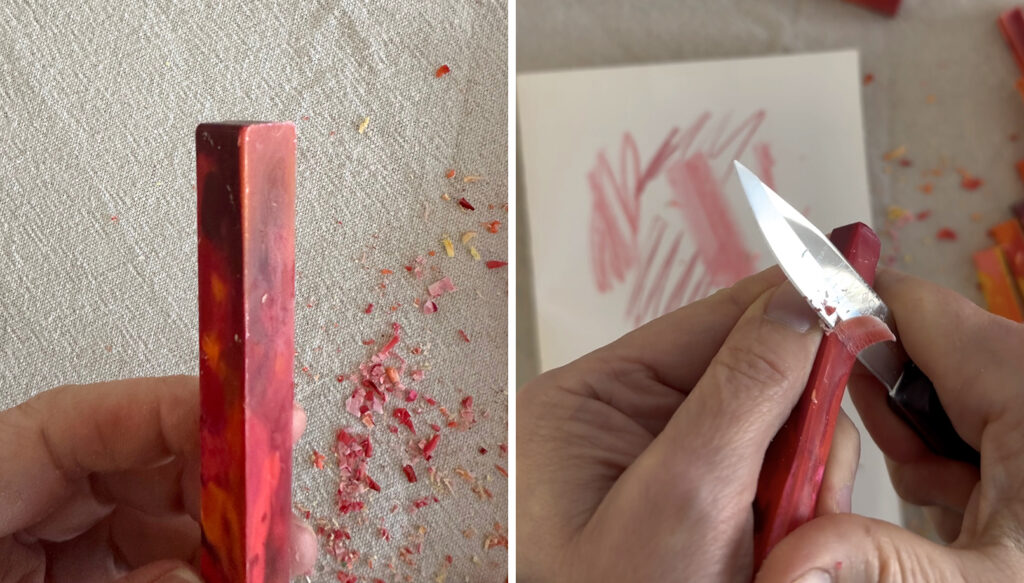 Trimming down homemade crayons with a paring knife.