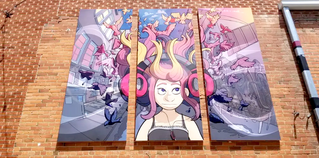 Colorful mural of a cartoon person wearing headphones surrounded by sparrows.