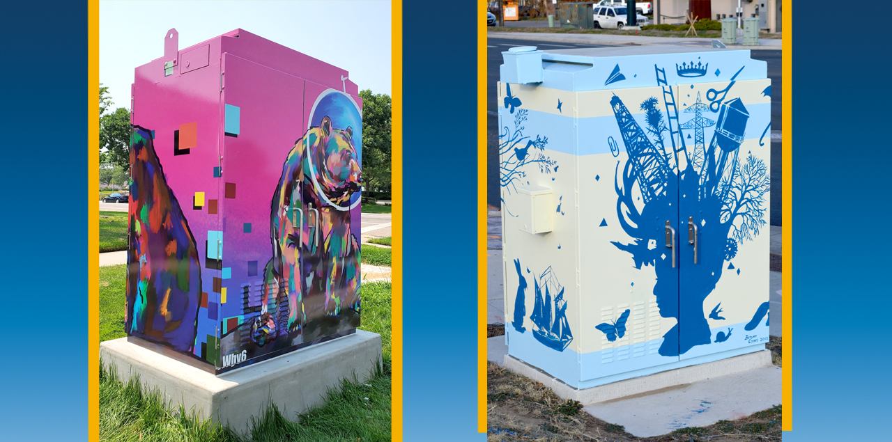 Two utility boxes wraped with artwork.