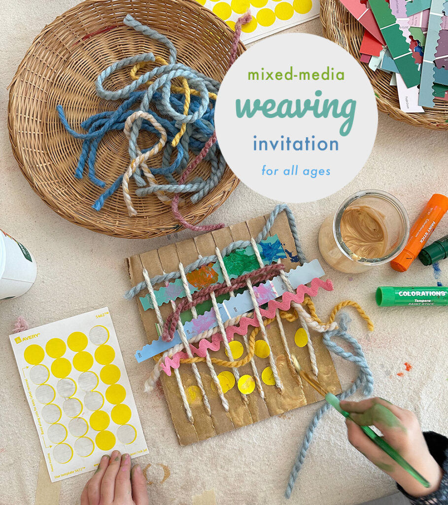 Child is at a table with lots of different textures and materials to use with a cardboard weaving loom.