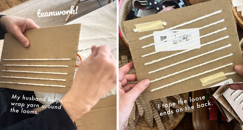 Wrapping yarn to create the warp on cardboard weaving looms.